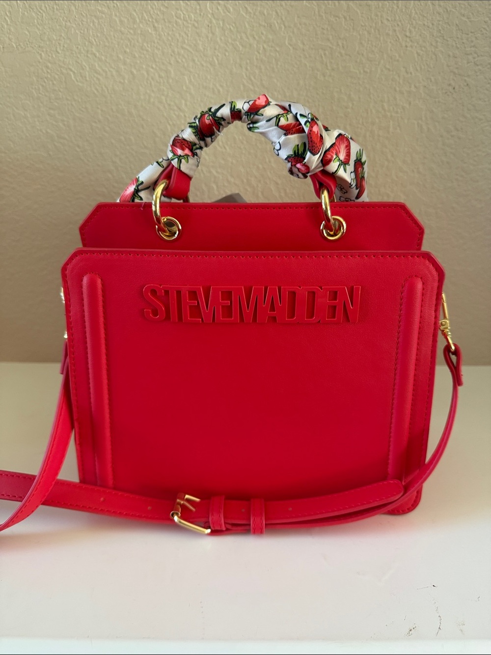 Steve Madden Strawberry Red Satchel with Floral-Print Handle Wrap Crossbody